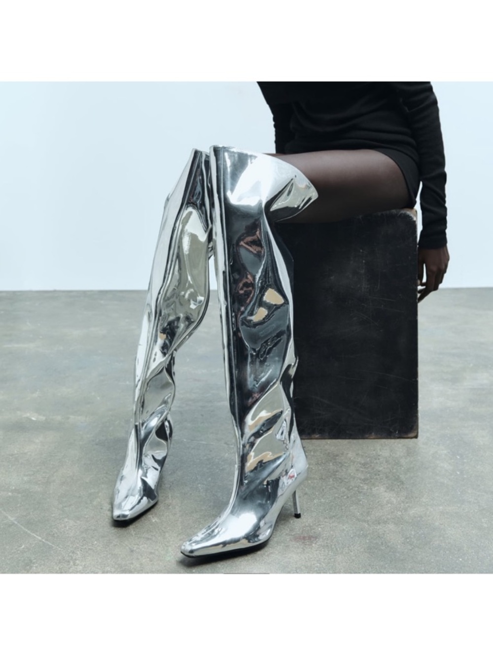 ZARA silver Metallic Over-the-Knee Stiletto Boots - Women's